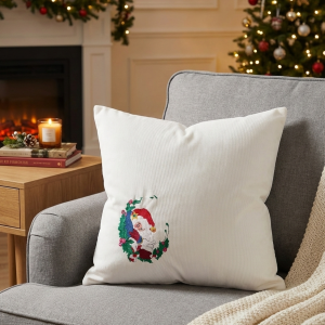 Embroidered Christmas Santa Floral Cushion Cover Xmas Pillow Case Home Decor 18"x18"